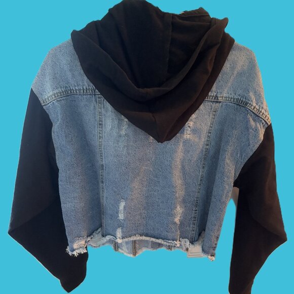 Blue Jean "Highway" Distressed Jacket- Black Jersey Sleeves Removeable Hood NWOT - Picture 4 of 9